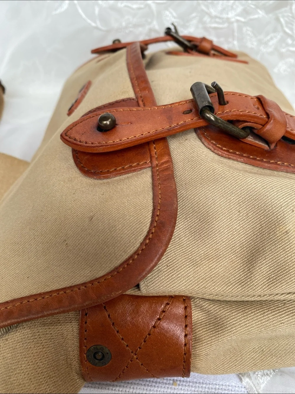 Vintage Giordano Canvas Messenger Bag with Brown Leather Trim - Beige